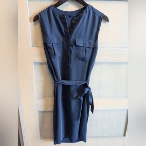 Women's Size 2 Adrienne Vittadini Sleeveless Linen Navy Blue Shirt Dress